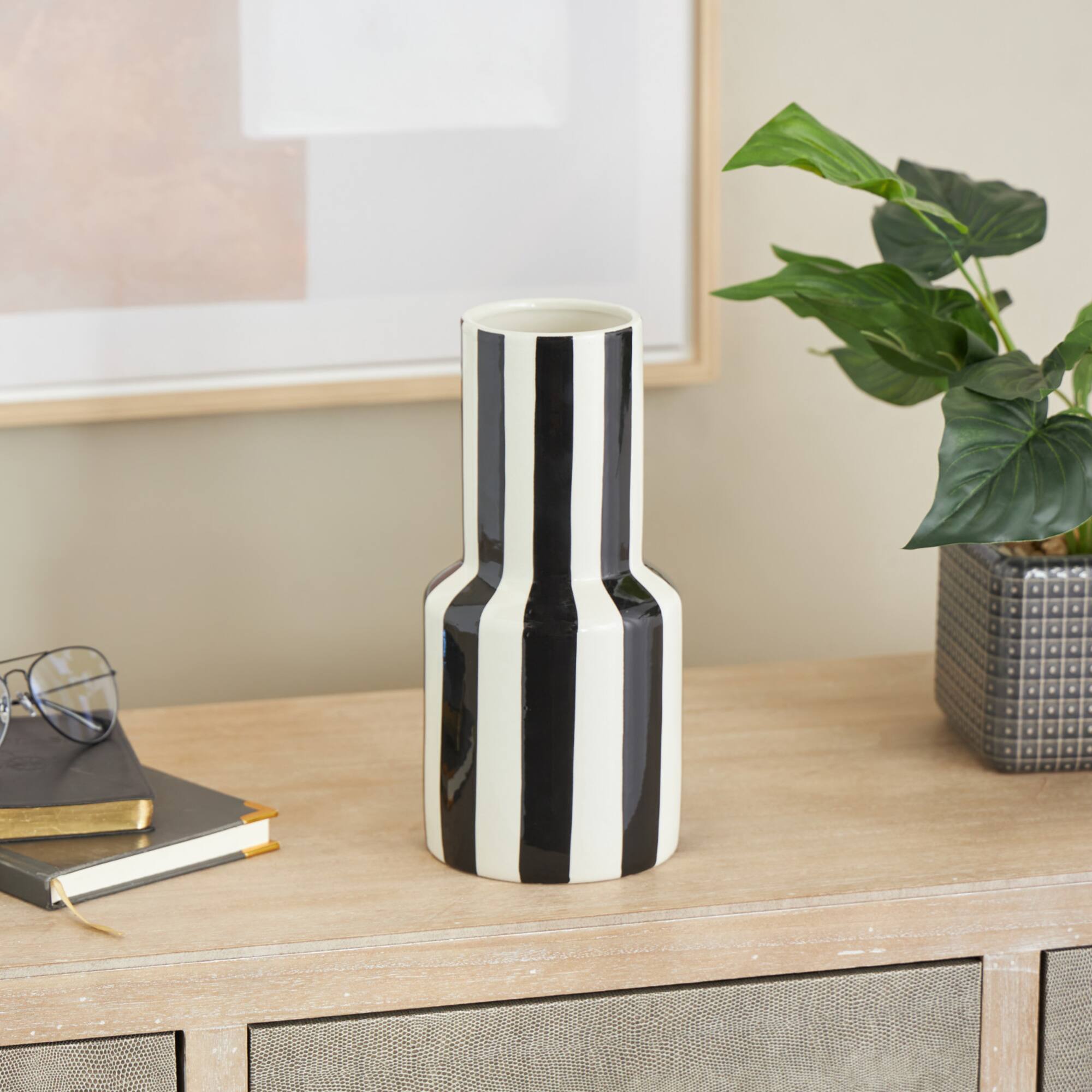 11" White & Black Stripes Round Wide Ceramic Vase